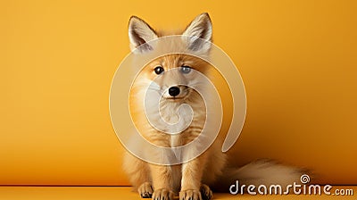Adorable Red Fox Sitting In Front Of A Vibrant Yellow Background Stock Photo