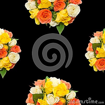 White, orange, red and yellow roses flowers, half bouquet, floral arrangement, black background, isolated Stock Photo