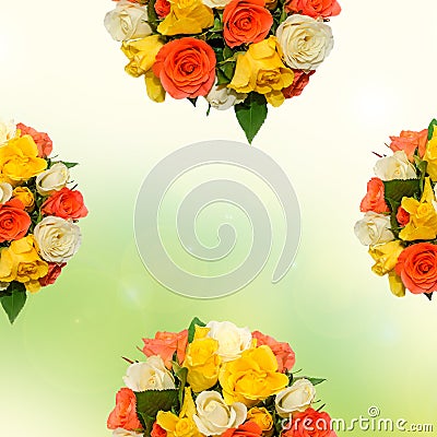 White, orange, red and yellow roses flowers, half bouquet, floral arrangement, green to yellow background, isolated Stock Photo