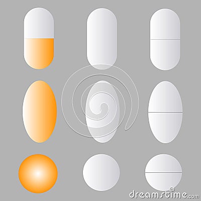 White and orange Vector illustration of a blister pack of pills isolated on a gray background Vector Illustration