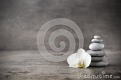 White orchid and spa stones on the grey background. Stock Photo