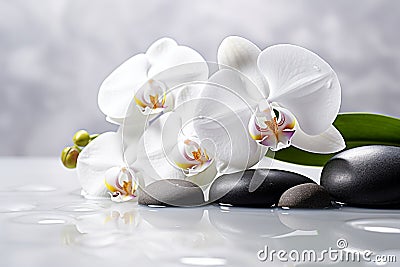 White orchid and spa stones, water drops, white background Stock Photo