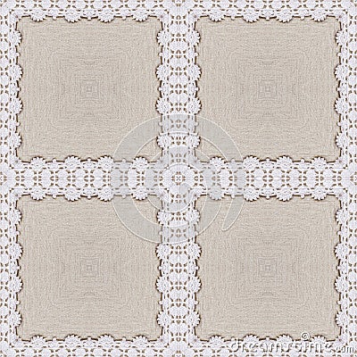 White organic cotton crochet lace background, backdrop for scrapbook, Christmas, yuletide, top view. Collage with mirror reflectio Stock Photo