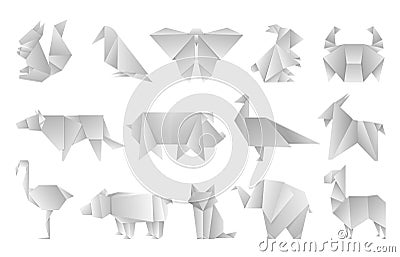 White origami animals. Geometric folded paper shapes, abstract bird dragon butterfly polygon templates. Vector japan Vector Illustration