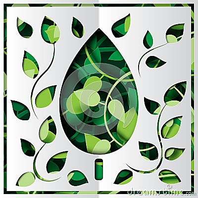 White origami green leaves paper frame layout template abstract Vector Illustration