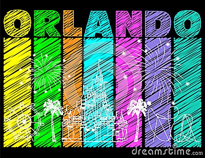 White Orlando design on colorful scribbled background. Vector with travel icons and fireworks. Travel postcard Vector Illustration