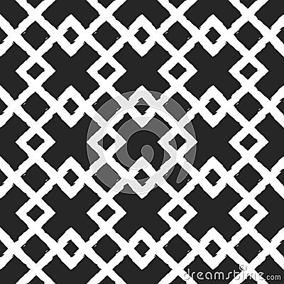 White ornament on a black background. Intersecting rhombs. Painted by hand rough brush. Geometric seamless grunge pattern. Vector Illustration