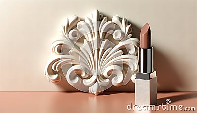 White ornamental design on ivory wall with rose lipstick on peach pink surface. AI Generated Stock Photo