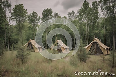 tent forest glamping luxury canvas vacation light travel nature camping. Generative AI. Stock Photo