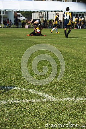 White outline for a football field for an Under 15 years school soccer tournament. Stock Photo