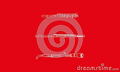 White outline musical instruments as a woodwind trio which includes English horn, piccolo and flute contour illustration Vector Illustration