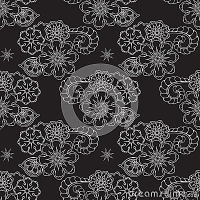 White outline paisley on black background. Vector ethnic seamless pattern. Vector Illustration