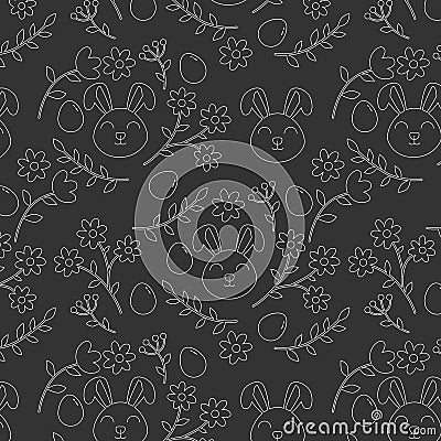 White outline seamless pattern with easter bunny, flowers and eggs Stock Photo