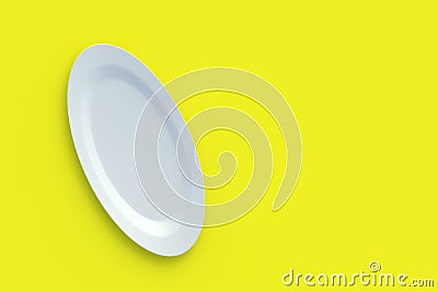 White oval plate on yellow background. Top view. Copy space Stock Photo