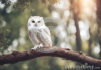 White owl in the forest on natural blurred background. Stock Photo