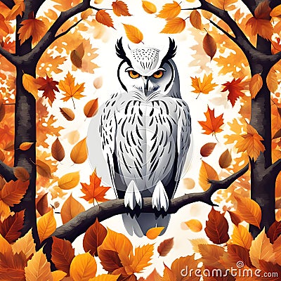 White owl stand out in vibrant autumn leaves Stock Photo