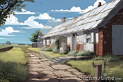 a white painted brick pathway leading to the faded metal-roofed farmhouse, magazine style illustration Cartoon Illustration