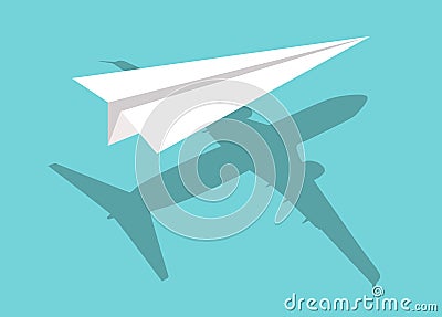 White paper airplane on light blue background with real plane shadow : Dream or self confidence concept, top view, space for text Cartoon Illustration