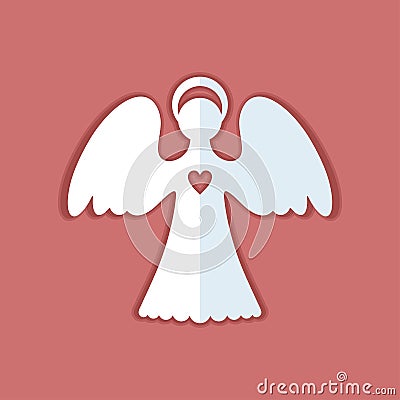 White paper angel with a heart on a terracotta red background. Decor angel is a simple form for cutting. Stock Photo