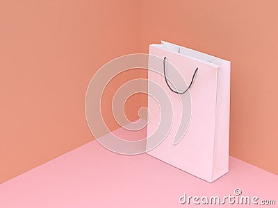 White paper bag on pink floor orange wall corner composition minimal abstract 3d render Stock Photo