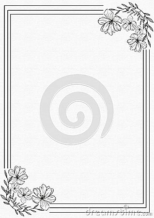 White paper A4 with black triple frame with flowers drawn in ink Stock Photo