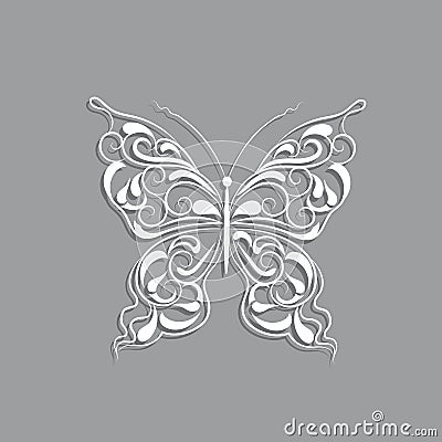 White paper butterfly with vintage pattern on gray background Vector Illustration