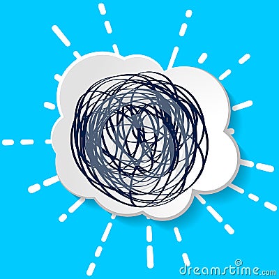 White paper cloud with linear rays of firework and tangled line on blue background. Cloud speech frame icon. Think problem balloon Vector Illustration
