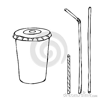 White Paper Cup with Lid and Straw, Glass for Beverage Takeaway. Vector Illustration Isolated On a White Background Vector Illustration