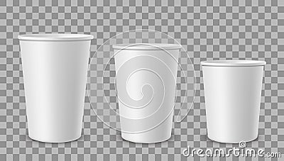 White paper cups. Cup for drinks, lemonade juice coffee tea ice cream container in different size. Empty 3d realistic Vector Illustration