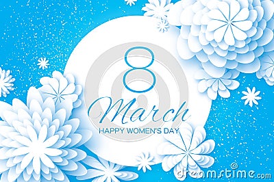 White Paper Cut Flower. 8 March. Origami Women`s Day. Circle Frame. Space for text Vector Illustration