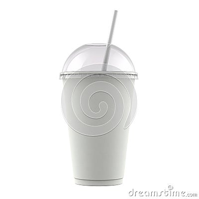 White Paper Fast Food Soda, Slush, Shake or Cola Cup with Buble Convex Lid and Drinking Straw Isolated on White Background. Stock Photo