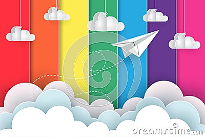 White paper planes fly on the background rainbow colorful while flying above a cloud Vector Illustration