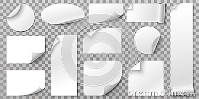 White paper stickers. Label sticker with curled corners, curve papers edge and blank tag 3D vector set Vector Illustration