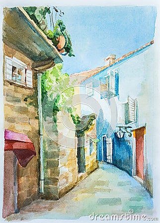On white paper, the street of a European city, illuminated by the sun, is pictorially painted by hand in watercolor. The blue sky Stock Photo