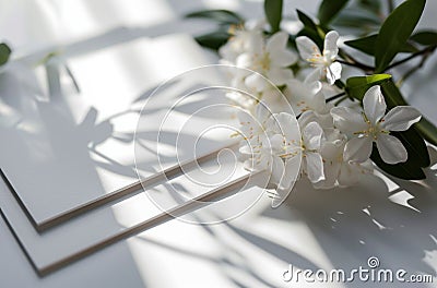 white paper template and pictures of white apsara flowers on a white table Stock Photo