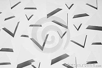 White paper triangles different size as abstract random pattern in bright light with grey strict shadows, top view. Contemporary. Stock Photo