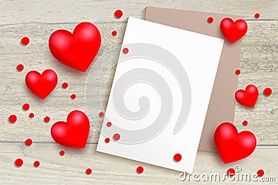 White paper on a wooden background surrounded by hearts and confetti. Realistic flat lay with volumetric red hearts. Mock up on Vector Illustration