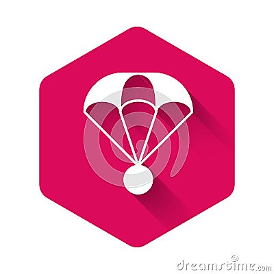 White Parachute icon isolated with long shadow background. Extreme sport. Sport equipment. Pink hexagon button. Vector Vector Illustration