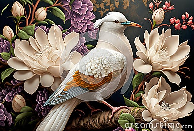 White paradise bird, flower background, exotic wallpaper, close-up, printable digital illustration Cartoon Illustration