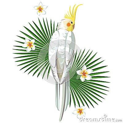 White parrot bird with plant print wallpaper Vector Illustration