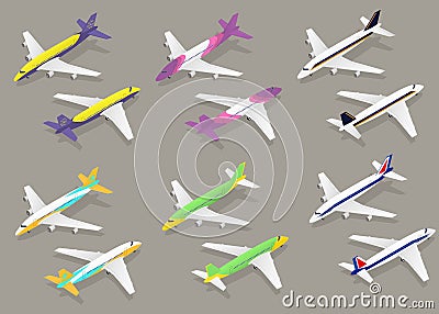 White Passenger Airplane Color Icon Set Isometric View. Vector Vector Illustration