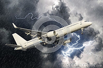 White passenger airplane takes off during a thunderstorm lightning strike of rain, bad weather. Stock Photo