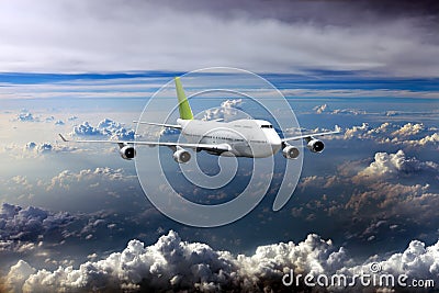 White passenger plane with green tail in flight. Stock Photo