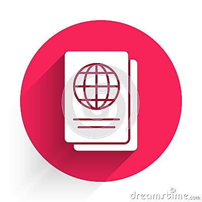 White Passport with biometric data icon isolated with long shadow. Identification Document. Red circle button. Vector Vector Illustration