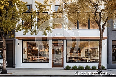 White pastry shop cafe facade with large window showcasing interior, city setting. Stock Photo