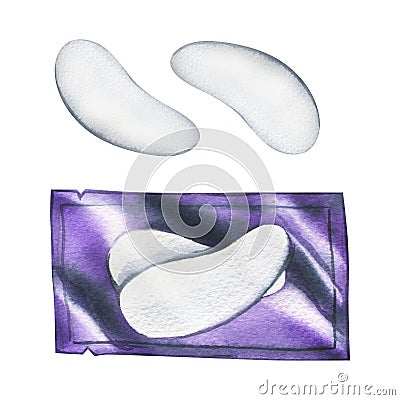 White patches under the eyes in purple packaging and without. Hand-drawn watercolor illustration. Isolated objects on a Cartoon Illustration