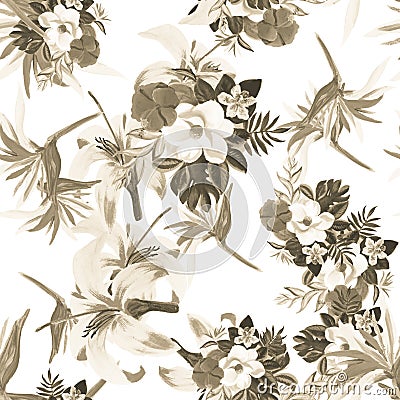 White Pattern Hibiscus. Yellow Seamless Botanical. Gray Tropical Botanical. Wallpaper Leaves. Drawing Design. Summer Nature. Stock Photo