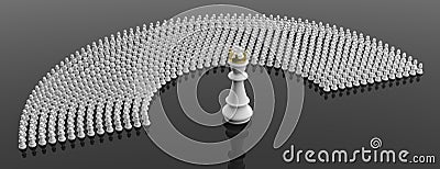 White pawns and a chess king on black color background, banner. 3d illustration Cartoon Illustration