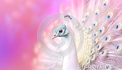 White peacock on blurred pink background Stock Photo