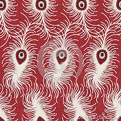 White peacock feathers on a textured red background seamless vector pattern Vector Illustration